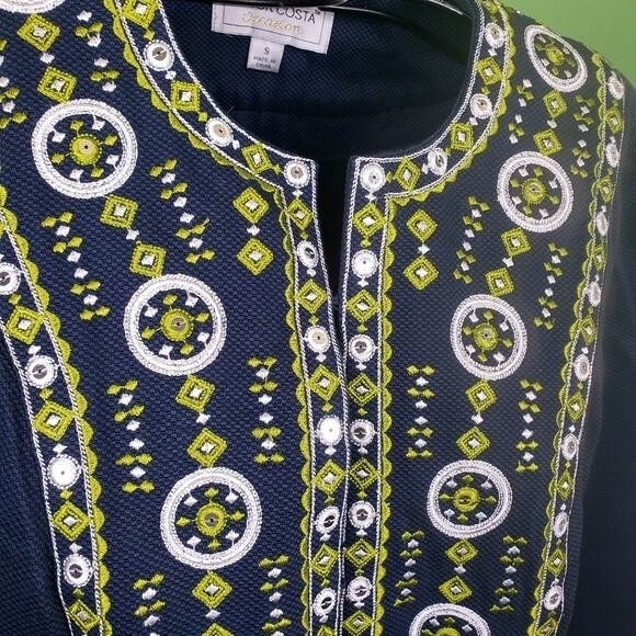 Victor Costa Womans Navy Blue Cotton Green Geometric Embroidered Jacket size sm - Picture 5 of 11